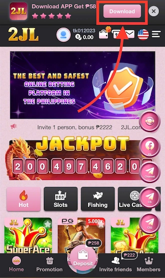 Step 1: Access the 2JL casino homepage interface. Then click on the DOWNLOAD option at the top of the homepage.