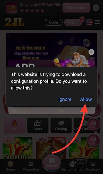 Step 3: The mobile device will send a notification that the website is trying to download a profile. Click "Allow" on this notification.