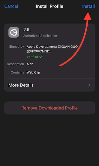 Step 4: Go to the mobile settings section. Then click INSTALL to confirm the installation of the 2JL app.