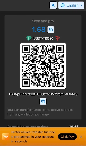 Step 3: Save the QR code that appears on the screen. Open the cryptocurrency wallet and make a payment via USDT.