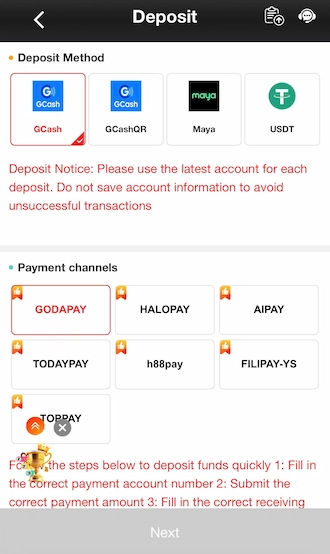 Step 2: Select the deposit method as GCASH