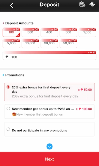 Step 3: Enter the deposit amount with a minimum of 100 PHP.