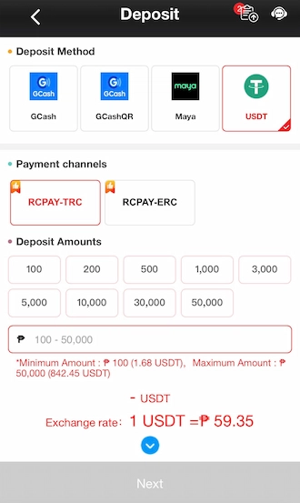 Step 1: Go to DEPOSIT section. Select USDT cryptocurrency deposit method