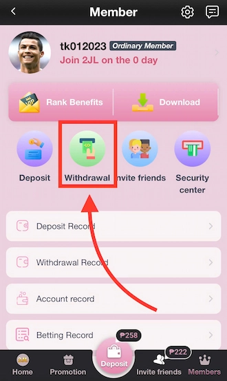 Step 1: Log in to your betting account and click on the WITHDRAW option.