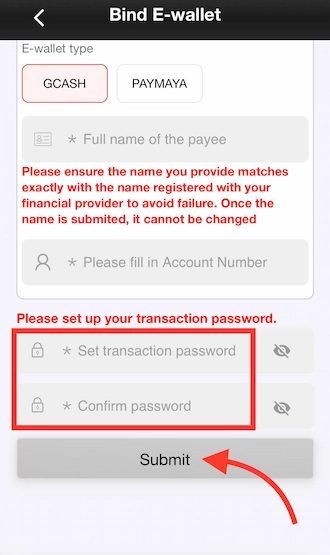 Step 4: Create a transaction password and complete it.